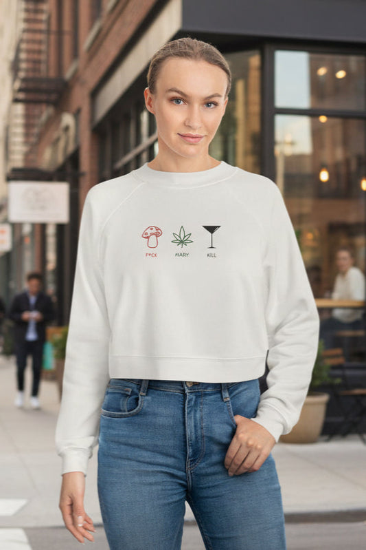 F*ck Mary Kill Cropped Fleece Crewneck Sweatshirt – Mushroom, Cannabis & Martini Graphic
