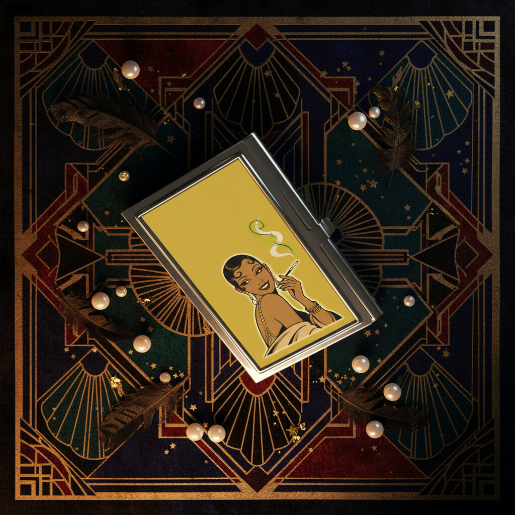 A rectangular metal cigarette case with a glossy finish, featuring a retro-style illustration of a woman smoking on a mustard yellow background.