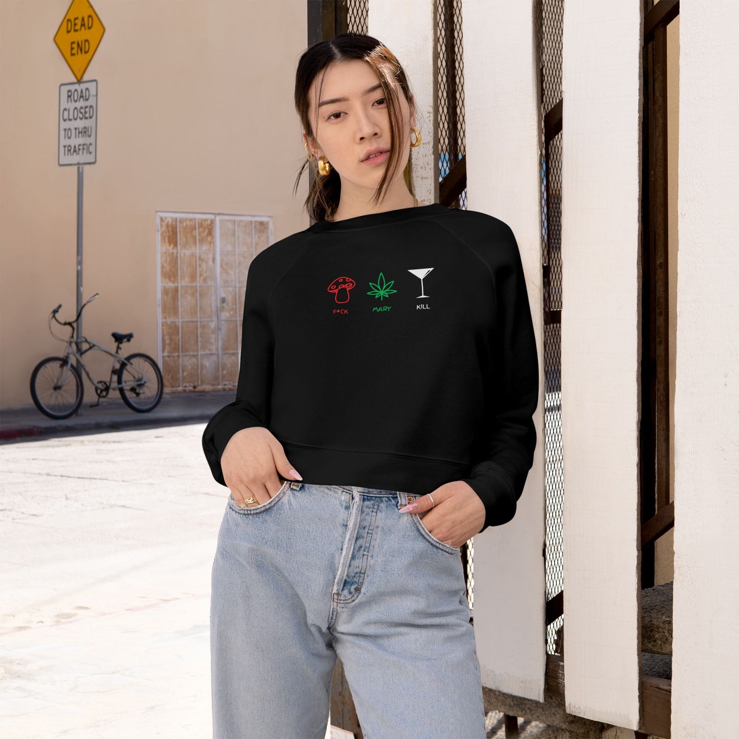 F*ck Mary Kill Cropped Fleece Crewneck Sweatshirt – Mushroom, Cannabis & Martini Graphic