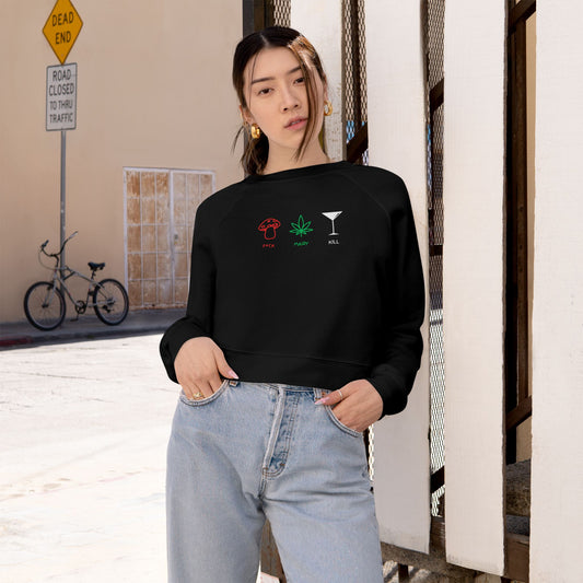F*ck Mary Kill Cropped Fleece Crewneck Sweatshirt – Mushroom, Cannabis & Martini Graphic