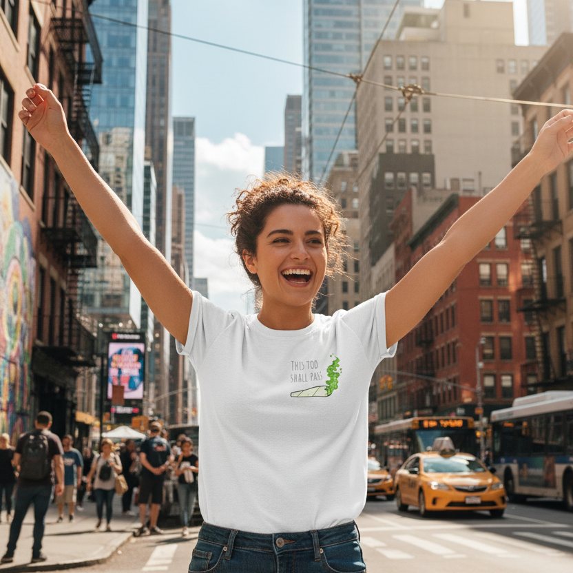 “This Too Shall Pass” Women’s Fitted T-Shirt – Minimal Joint Graphic | Mindful Cannabis Streetwear Tee