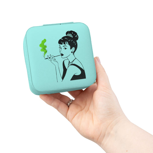 Puffany's Compact Jewelry Travel Case — Audrey-Inspired Design, Ring Slots, Bracelet Hooks & Earring Compartments
