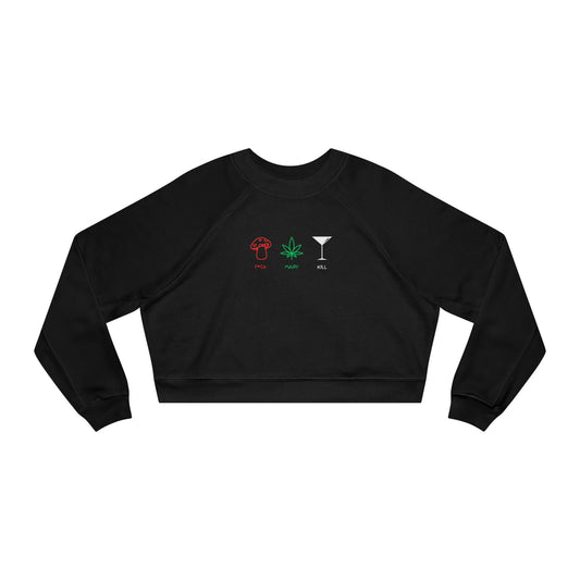 Cropped Pullover — Red Wine, Weed Leaf & Martini Icons Graphic