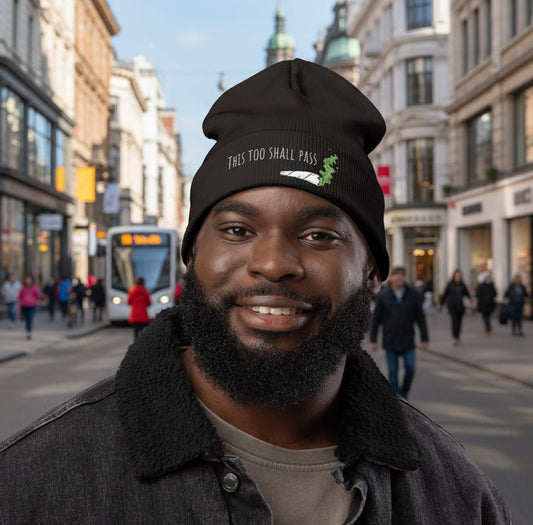 "This Too Shall Pass" Embroidered Knit Beanie – Minimal Joint Graphic Cannabis Hat
