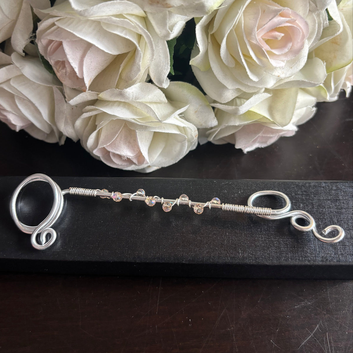 Elegant joint holder smoking accessory with delicate acrylic beading and adjustable ring and joint clasp