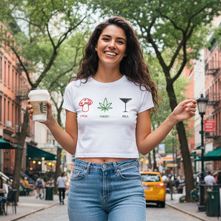 ‘F*ck Mary Kill’ Crop Tee – Mushroom, Cannabis & Martini Graphic