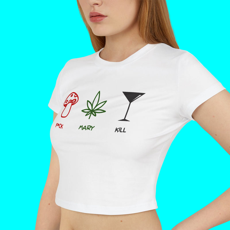‘F*ck Mary Kill’ Crop Tee – Mushroom, Cannabis & Martini Graphic