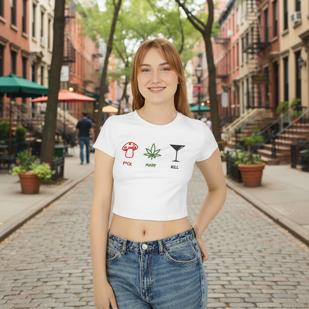 ‘F*ck Mary Kill’ Crop Tee – Mushroom, Cannabis & Martini Graphic