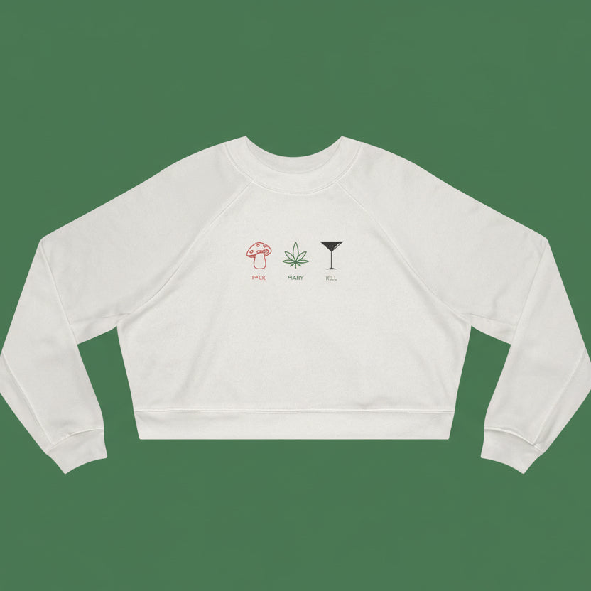 F*ck Mary Kill Cropped Fleece Crewneck Sweatshirt – Mushroom, Cannabis & Martini Graphic