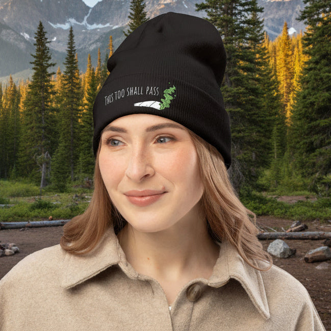 "This Too Shall Pass" Embroidered Knit Beanie – Minimal Joint Graphic Cannabis Hat