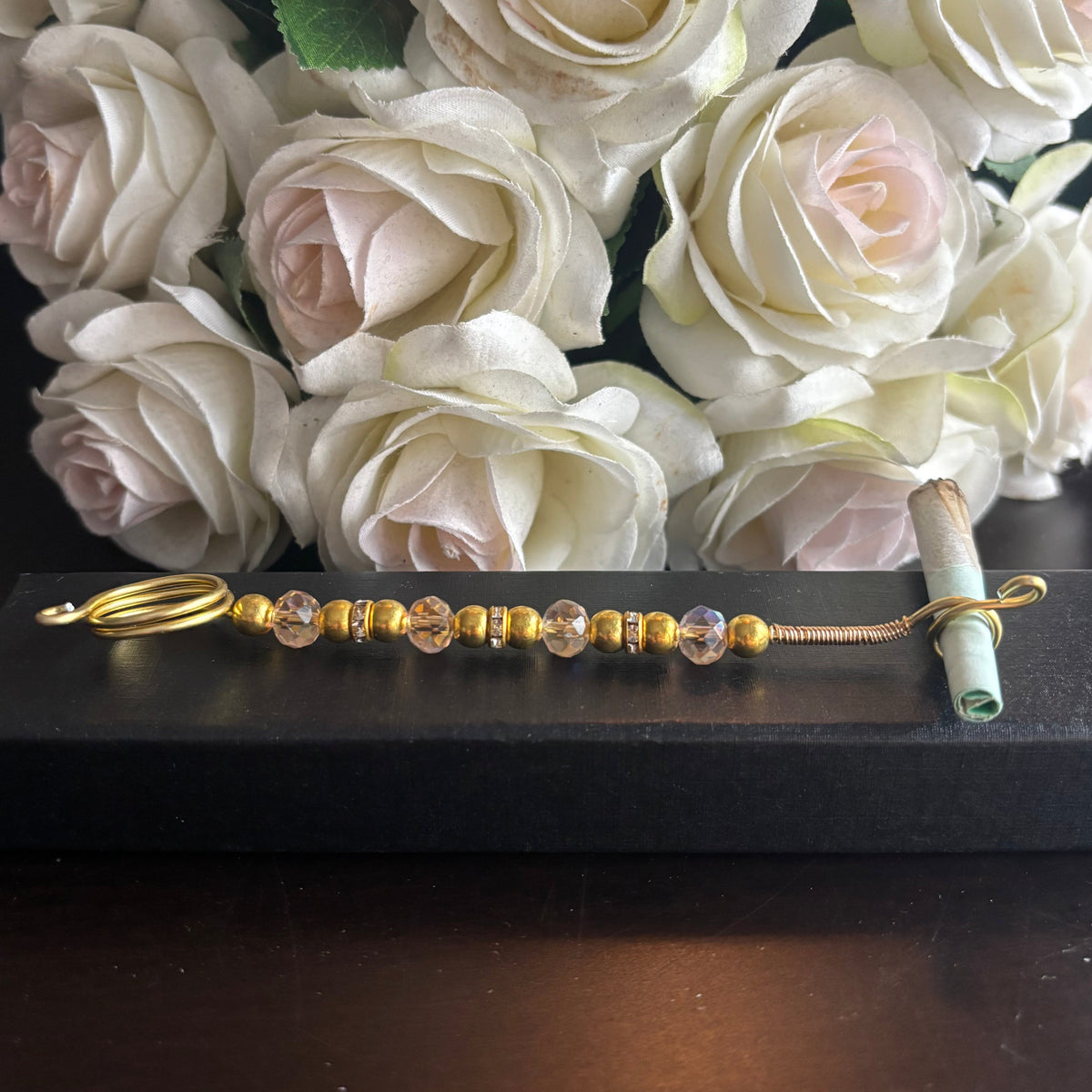 Elegant joint holder smoking accessory with delicate acrylic beading and adjustable ring and joint clasp