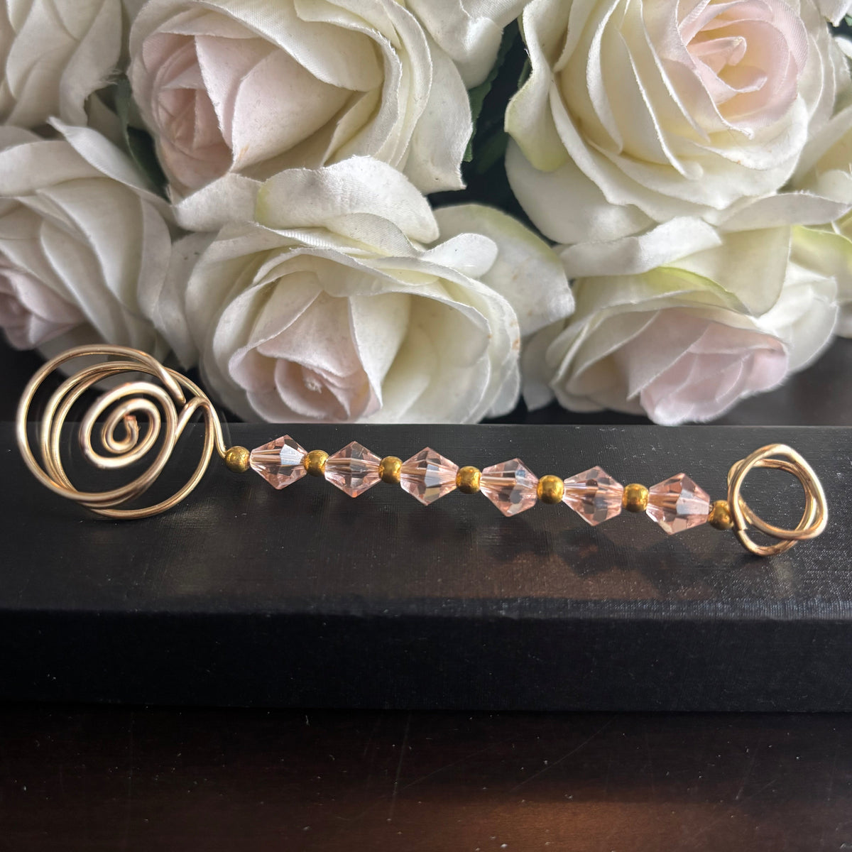 Elegant joint holder smoking accessory with delicate acrylic beading and adjustable ring and joint clasp